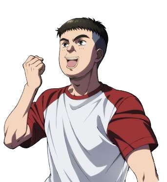 personaje de anime con playera blanco con roja con el puño cerrado  en forma de celebracion y con la boca abierta